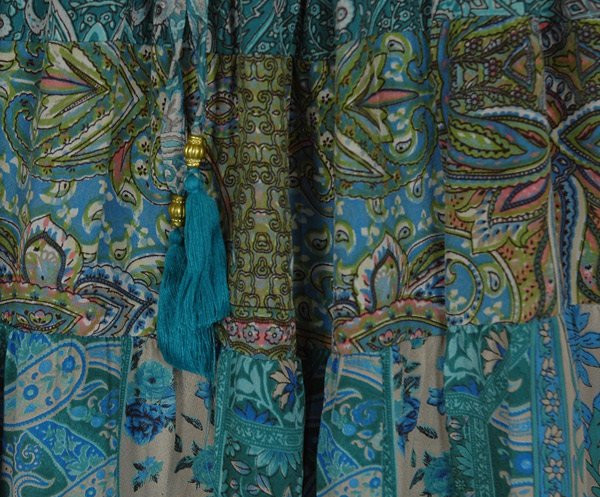 Teal Paisley Print Tiered Midi Skirt with Tassels