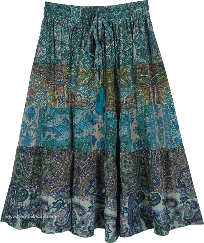 Teal Paisley Print Tiered Midi Skirt with Tassels