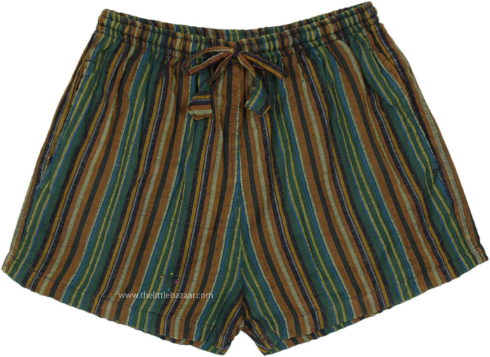 Cotton Summer Shorts with Pockets, Forest Vintage Striped Bohemian Shorts