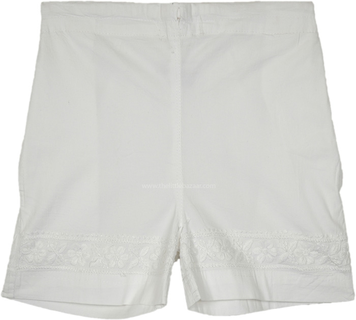 Stretchy White Tight Shorts with Embroidery