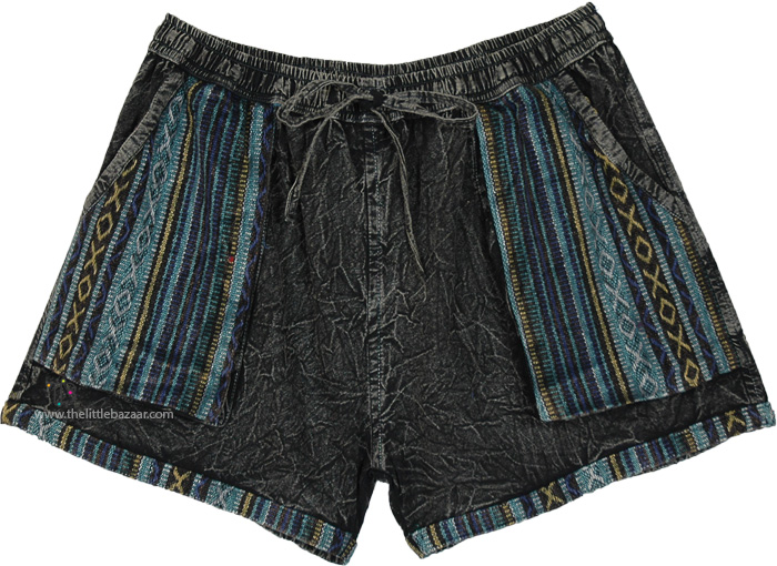 Outer Space Black Patchwork Cotton Shorts