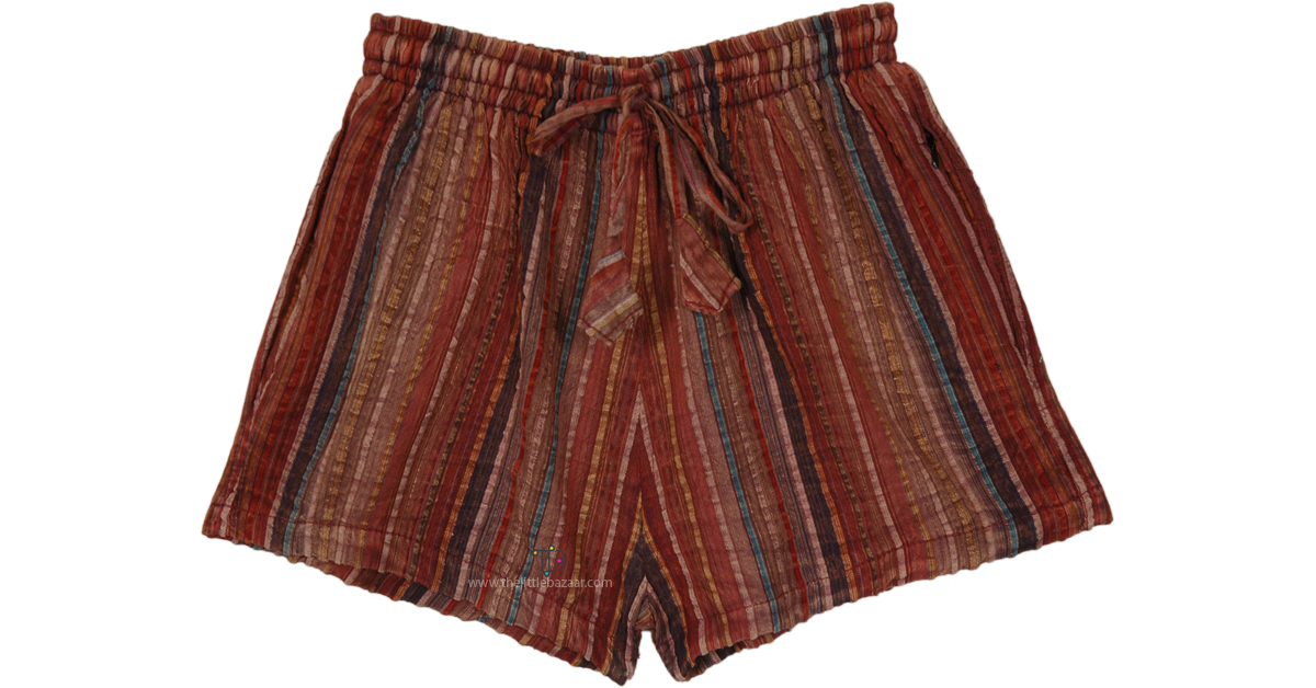 Woody Vintage Striped Bohemian Shorts | Shorts | Brown | Bohemian, Handmade