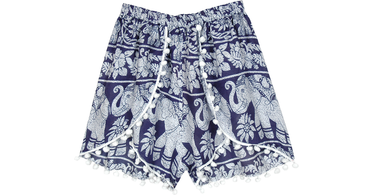 Navy White Elephant Print Hippie Shorts with Pompoms | Shorts | Blue ...