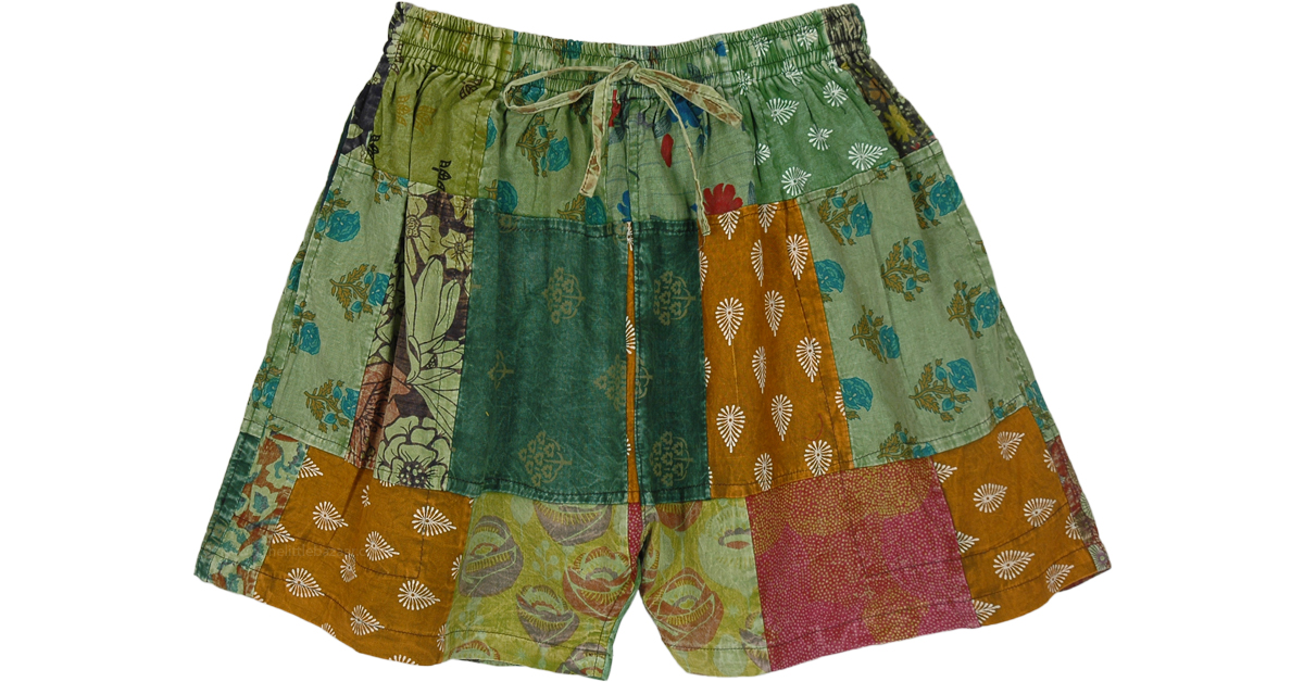 Savanna Green Mixed Prints Patchwork Cotton Shorts