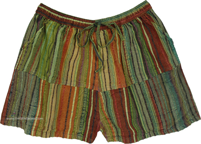 Seaweed Patchwork Stripes Cotton Summer Shorts