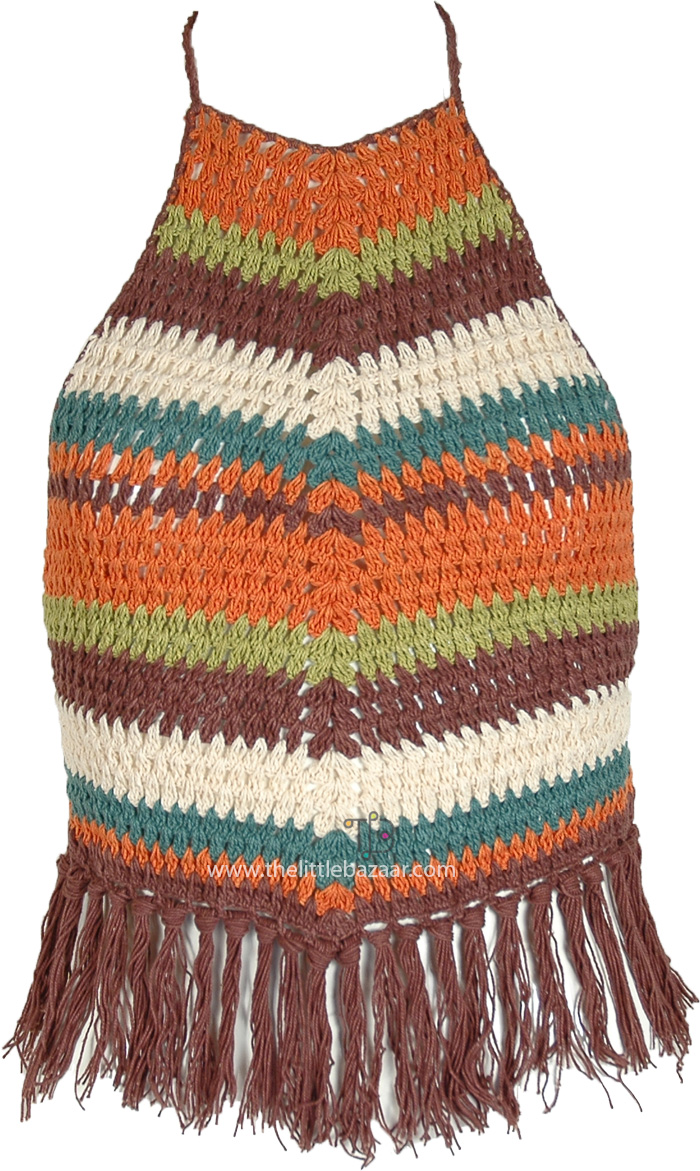 Warm Stripes Boho Crochet Fringe Halter