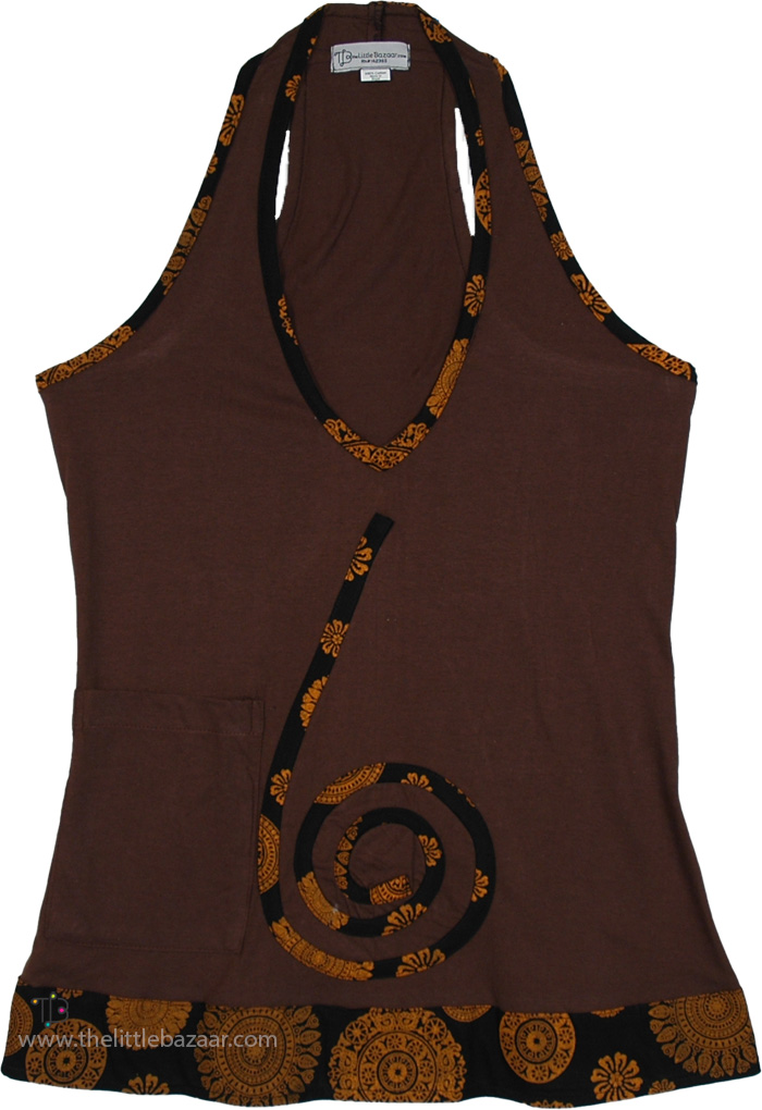 Brown Jersey Cotton Top with Spiral, Wood Bark Sporty Halter Long Boho Top