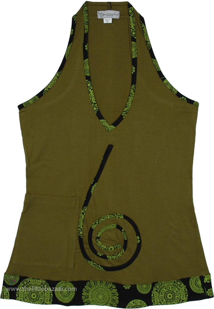 Green Jersey Cotton Top with Spiral, Crete Green Sporty Halter Long Boho Top