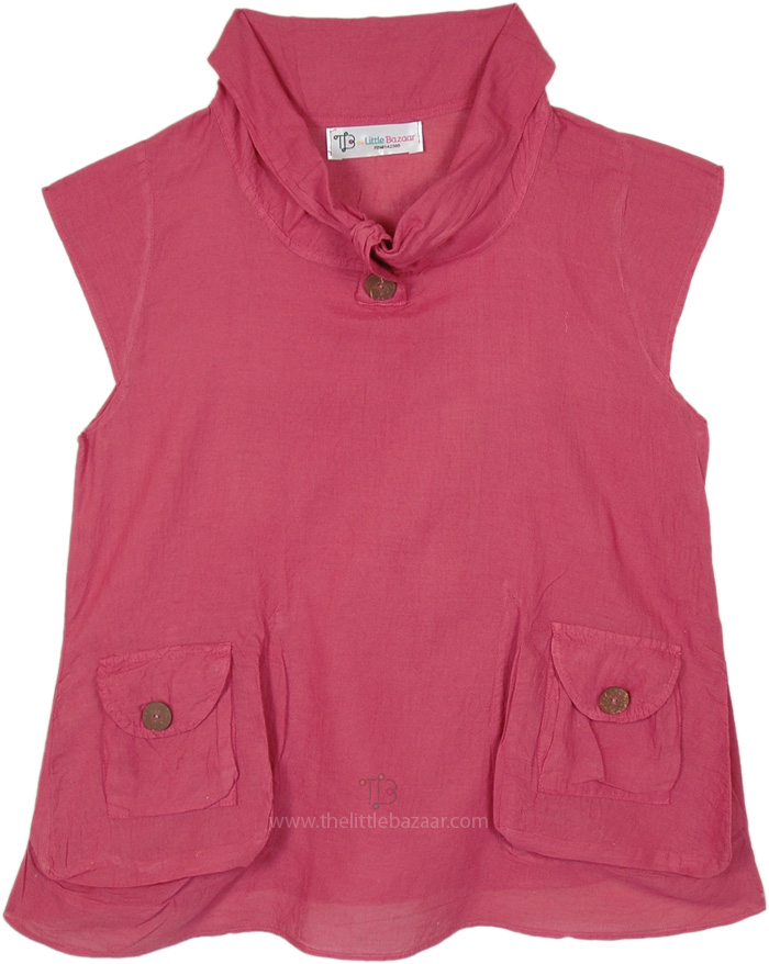 Pink Cotton Crinkled Top with Neck, Pious Pink Cotton Pocket Sleeveless Top