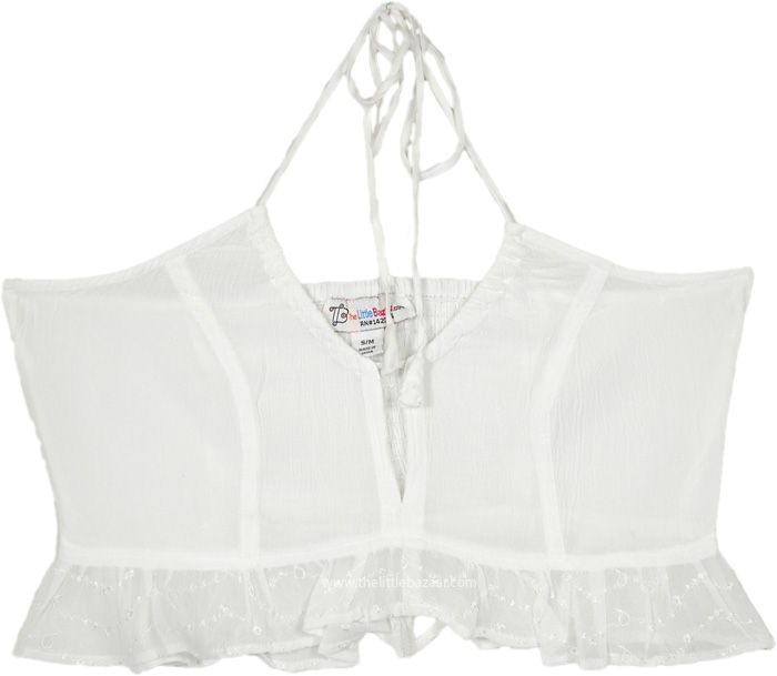 Vintage Summer Style Crop Top in White, White Ruffle Halter Crop Top