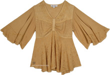 Desert Gold Embroidered Flutter Sleeve Tunic Top