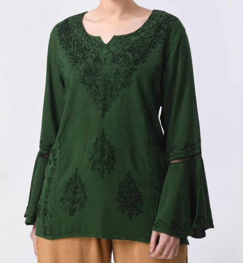 Embroidered Boho Green Bell Sleeve Top