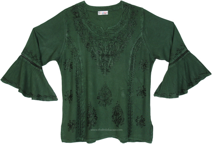 Embroidered Boho Green Bell Sleeve Top