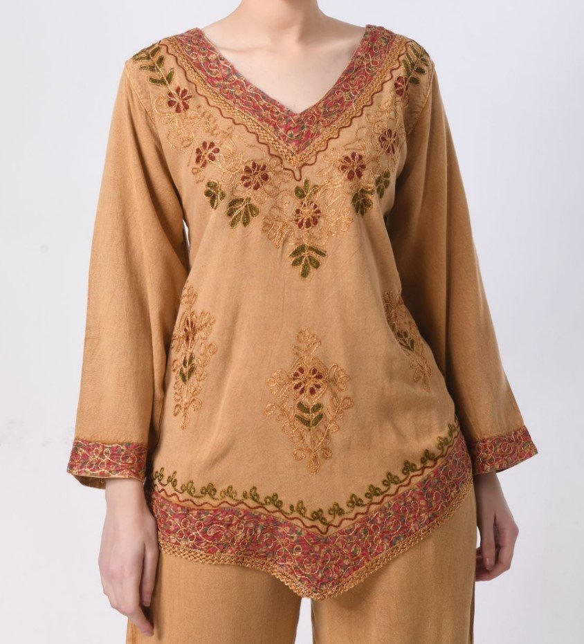 Golden Beige Embroidered Boho Tunic