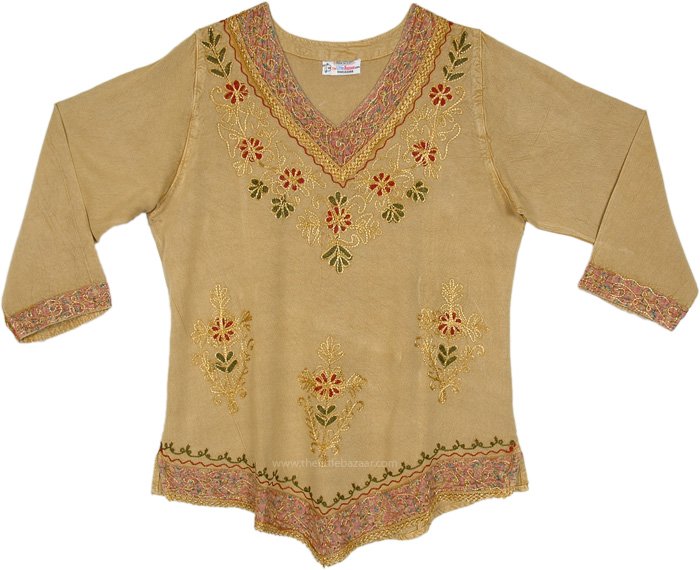 Golden Beige Embroidered Boho Tunic