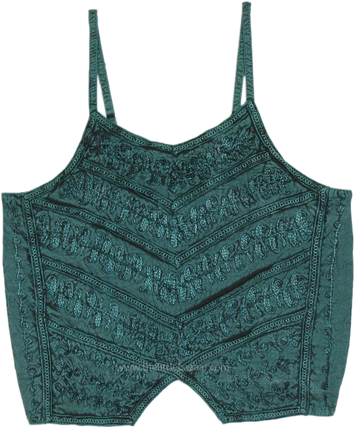 Gypsy rayon Short Top Green, Embroidered Green Festival Crop Top