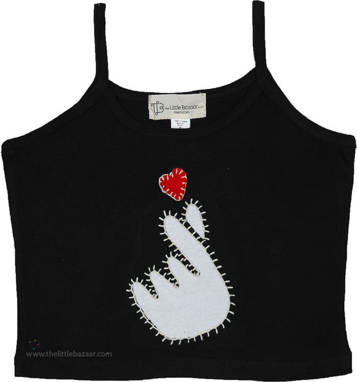 Black Crop Top with Fingers Heart Gesture Applique