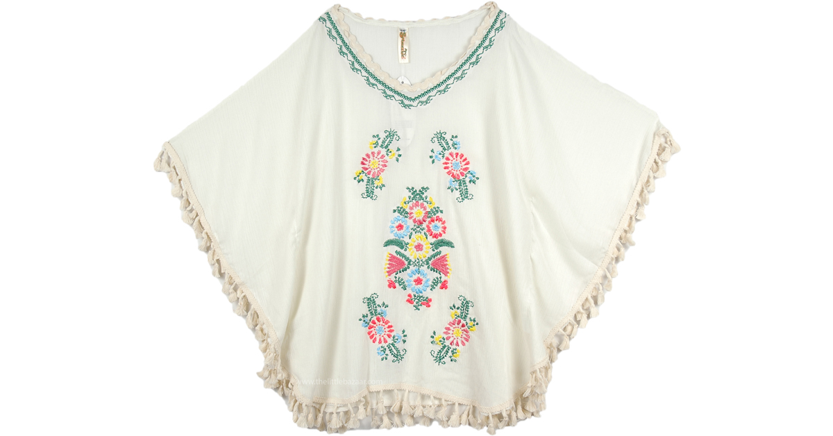 Folky Flowers Designer Poncho in White, Tunic-Shirt, Multicoloured
