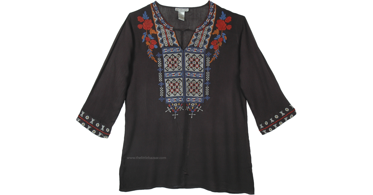 Boho Tunic Top In Black With Multicolored Embroidery Tunic Shirt Black Embroidered Xl