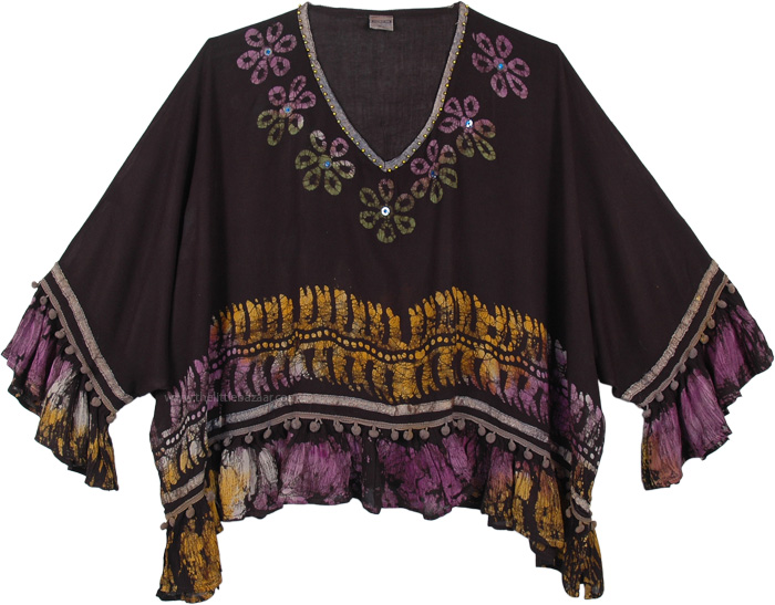 Black Boho Poncho Top with Beads and Poms | Tunic-Shirt | Black ...
